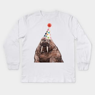Moody Walrus with Party Hat Kids Long Sleeve T-Shirt